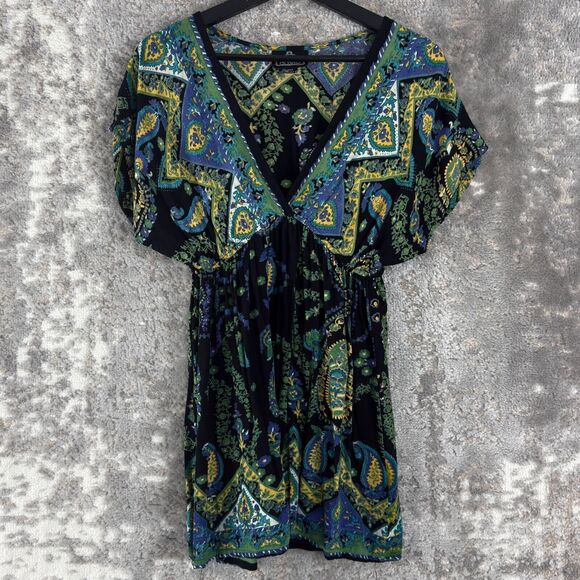 Angie Sz S Boho Paisley Artsy V Neck Whimsigoth Tunic Top Short Sleeve Colorful - Picture 1 of 7